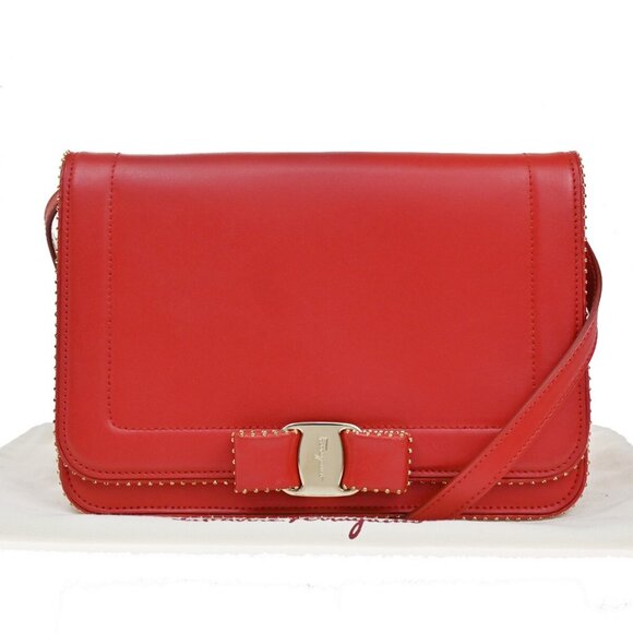SALVATORE FERRAGAMO Vara Studs 2Way Shoulder Clutch Hand Bag Leather Red